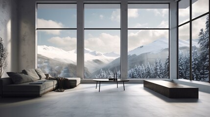 Interior of modern living room with panoramic window and mountain view 3D rendering style, very minimalistic. amazing view. snowy climate. Created with generative AI.