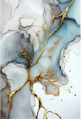 Pintura abstrata em tons de azul claro e cinza claro arte de tinta de álcool ouro quebrado. Gerado IA
