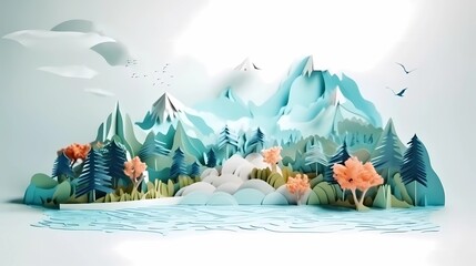 Paper craft illustration of Volcano island in the ocean with big mountain. Ai generative