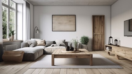 Interior of modern living room with white walls, wooden floor, comfortable sofa and coffee table. Rustic style. Created with generative AI.