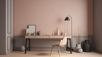 Interior of modern living room with wooden desk, armchair and lamp. Minimalistic style. Pastel colors. Created with generative AI.