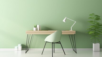 Interior of modern home office with green wall, wooden table and chair. Minimalistic style. Created with generative AI