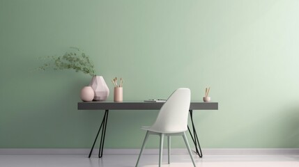 Interior of modern living room with wooden table and chair. Minimalistic style. Mint, green pastel colors. Created with generative AI.