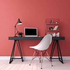 Workplace with computer, bookshelf and chair in red room. Minimalistic style. Created with generative AI