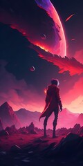 Naklejka premium Silhouette Alone Wallpaper, Anime Background, Anime Aesthetic Background Wallpaper, Nature Wallpaper, Anime Scenery Background, Alone Boy, Man on Red theme Planet, Mars, anime art, landscape, art