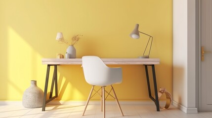 Modern home office with yellow wall and desk. Minimalistic style. Pastel colors. Created with generative AI.