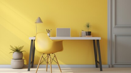 Modern office interior with yellow walls, wooden floor, computer and yellow chair.  Minimalistic style. Created with generative AI