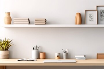 Interior of modern living room with bookshelf and stationery. Minimalistic style. White walls. Created with generative AI.
