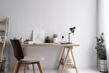 Interior of modern office with wooden desk and chair. Minimalistic style. White walls. Created with generative AI.