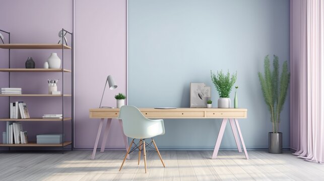 Interior of modern living room with blue wall and wooden table. Minimalistic style. Pastel colors. Created with generative AI.