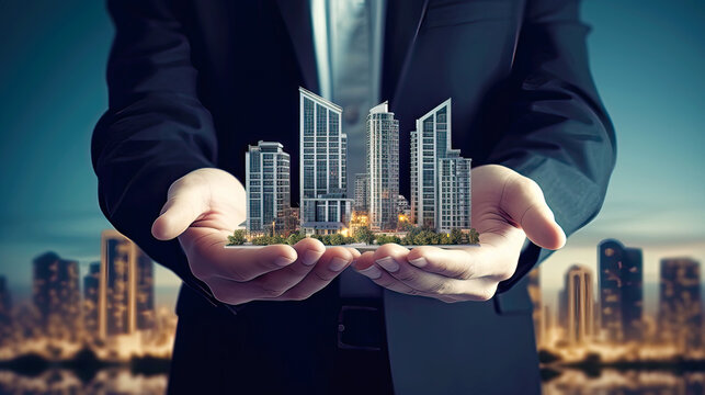 Businessman holding modern buildings model as development design. Postproducted generative AI illustration.