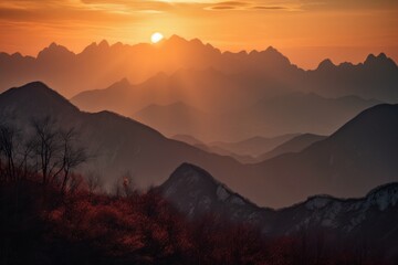 Obraz premium Warm hues sunset over the mountains, Generative ai