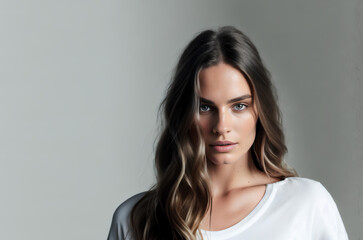 Naklejka premium Portrait of pretty woman with brown, wavy hair looking at camera. Isolated background with copy space. Generative AI.