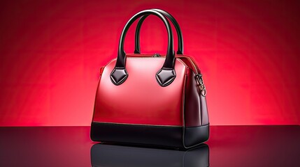 Beautiful status trendy smooth womens handbag in red black color on a light studio background