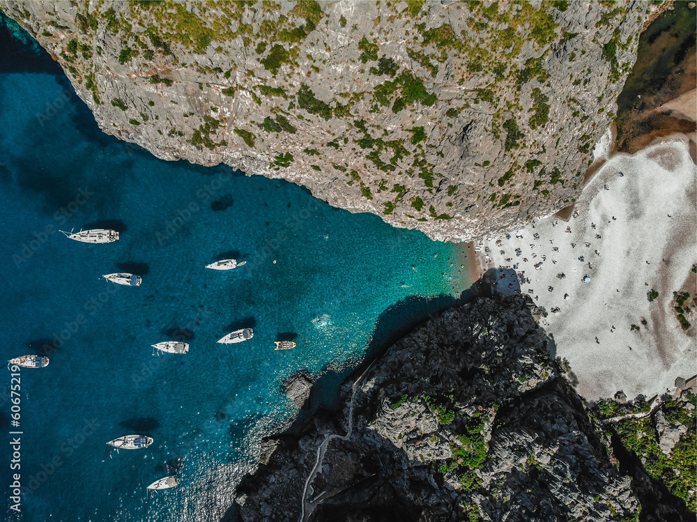 Sticker drone view of the beach at torrent de pareis with boats