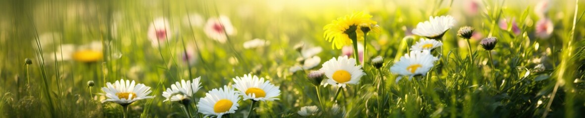 Beautiful summer natural background with yellow white flowers daisies, clovers and dandelions in grass against of dawn morning. Ultra wide panoramic landscape, banner format