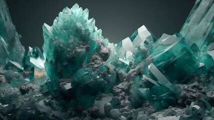 Turquoise crystals on a dark background.  Generative AI.
