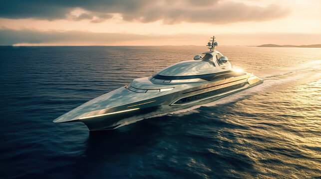 Oceanic Opulence, Expensive And Futuristic Sleek Yacht For A Luxurious Journey, Generative AI