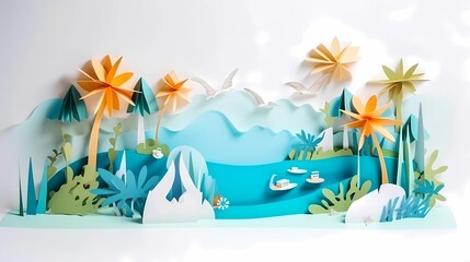 Fototapeta na wymiar Paper craft illustration of Beautiful tropical island in the ocean with palm trees, sand beach, nature. Ai generative