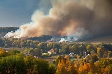 A fire in the mountains near the village, generative AI.