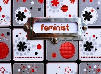 Box with text on label FEMINIST, refers to a person who supports feminism, advocacy of women's...