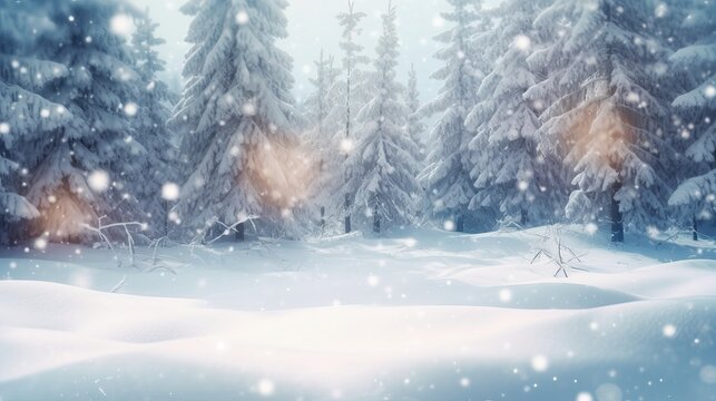 Blurry image of a winter forest, small snowdrifts and light snowfall - a beautiful winter-themed background wide format