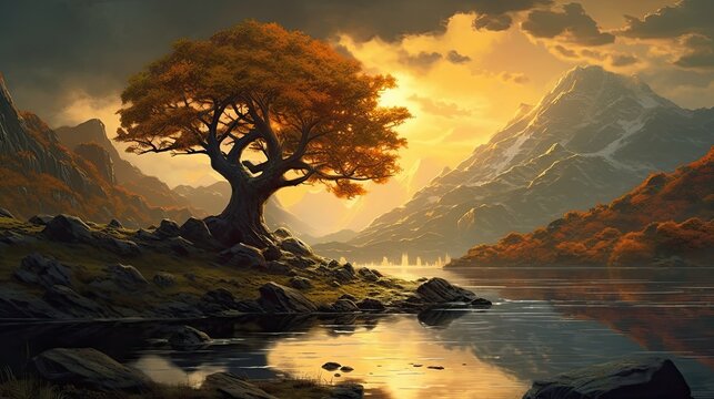 the painting shows a tree on the ridge Generative Ai