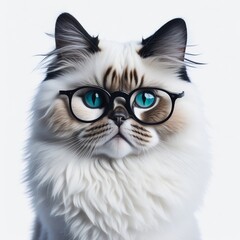 portrait of a smart Cat wearing Glasses, isolated on white background, generative ai