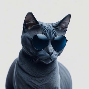 Portrait of a Russian Blue Cat wearing Sunglasses, Isolated on white background, generative ai 