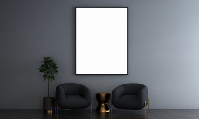 Modern cozy living room and black poster frame and concrete wall texture background interior design, modern sofa decor, parquet floor, 3D rendering