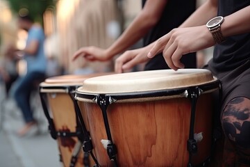 Two guys are playing drum kits on the street, close-up. Generative AI - obrazy, fototapety, plakaty