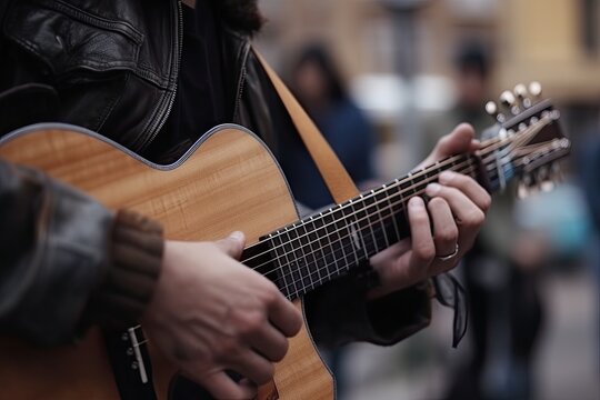 Close-up of a guy playing the guitar, street musician. Generative AI