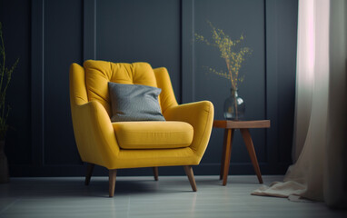 Yellow accent chair on dark gray wall background, Generative AI	
