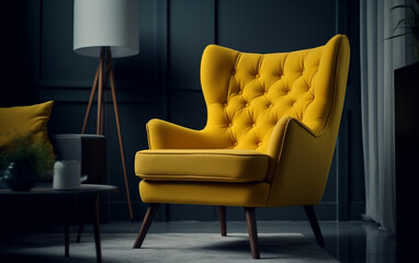 Living room with yellow accent chair on dark gray wall background, Generative AI	

