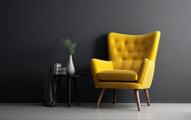 Living room with yellow accent chair on dark gray wall background, Generative AI	

