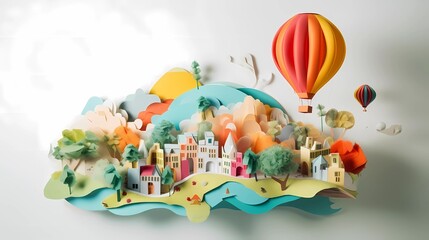 Landscape of fantasy whimsical island with forest and mountains, hot air balloon over the sea, paper craft art or origami style. Ai generative