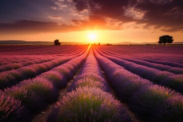 Landscape with lavender field at sunset, Generative ai
