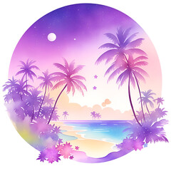 Fototapeta na wymiar A detailed illustration watercolor tropical island, palm trees