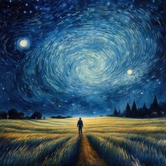 Watercolor blue sky filled with stars above a grassy landscape Generative Ai