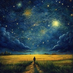 Watercolor blue sky filled with stars above a grassy landscape Generative Ai