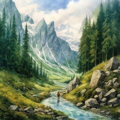 landscape painting of a mountain, water, and forest Generative Ai