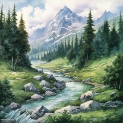 landscape painting of a mountain, water, and forest Generative Ai