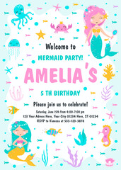 Fototapeta na wymiar Kids birthday party invitation card with cute mermaid. Vector illustration