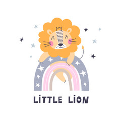 Print with cute lion on rainbow.  Vector illustration.