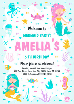 Kids birthday party invitation card with cute mermaid. Vector illustration