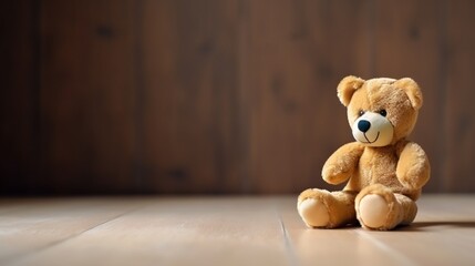 Teddy bear sitting in an empty room, wood wall background, Kid alone in the child room concept. banner. generative ai
