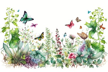 Naklejka na ściany i meble A painting of flowers and butterflies on a white background, created with Generative Ai Technology