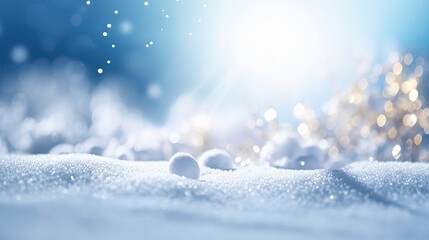 Naklejka na ściany i meble Festive Christmas natural snowy background, abstract empty stage, snow, snowdrift and defocused Christmas lights on light blue background, copy space