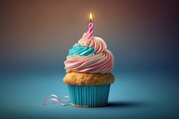 A cupcake with a lit candle on top of it, created with Generative Ai Technology