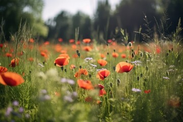 Summer meadow with red poppies, Generative ai